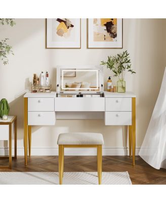 Makeup Vanity Desk with Flip Top Mirror and Lights, 47 3 in 1 Vanity Table with 5 Drawers