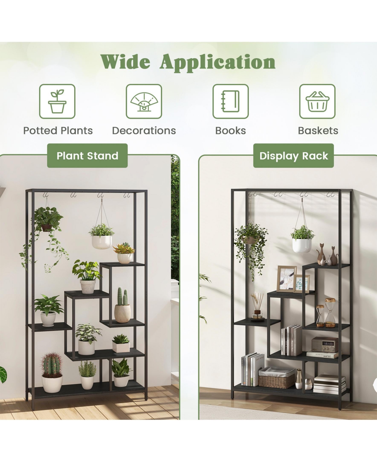 Sugift 6-Tier Tall Plant Stand 71 Inch Metal Indoor Plant Shelf with 10 Hanging Hooks-Black