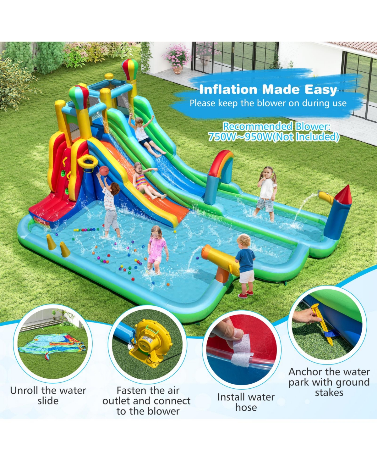 Skonyon Inflatable Water Slide Park Giant Bounce House with Double Long Slides