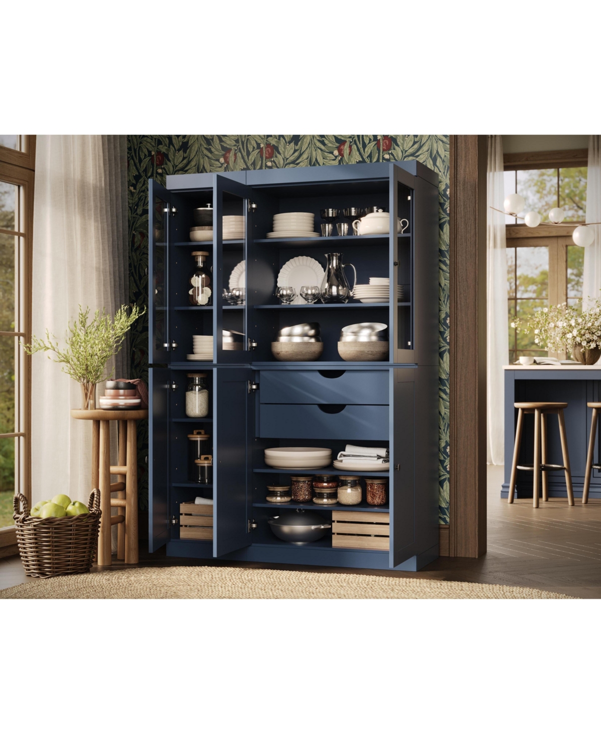 Palace Imports 100% Solid Wood 48.5" Pantry Cabinet with Clear Glass, Shaker Doors, 2-Drawers & Adjustable Shelves