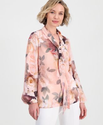 Women's Printed Chiffon Tie-Neck Blouse