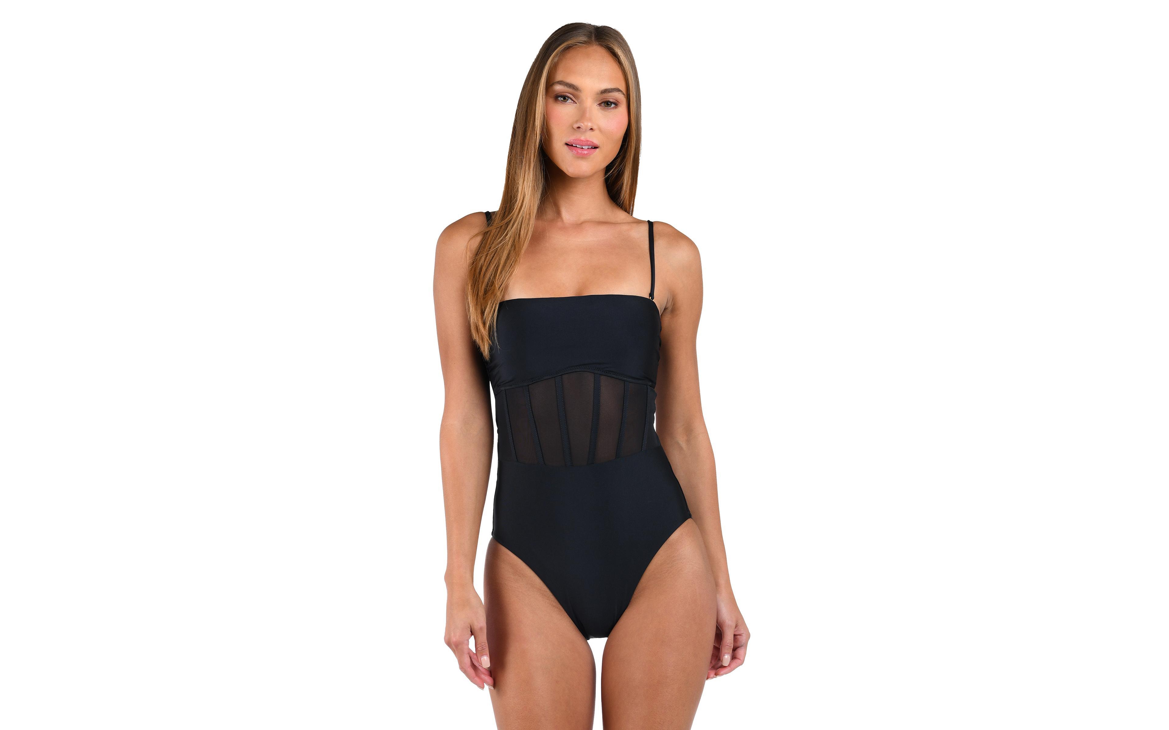 Sunshine 79 Women's Solids Bandeau One Piece With Corset Bidning Over Mesh And Lacing Tie Back