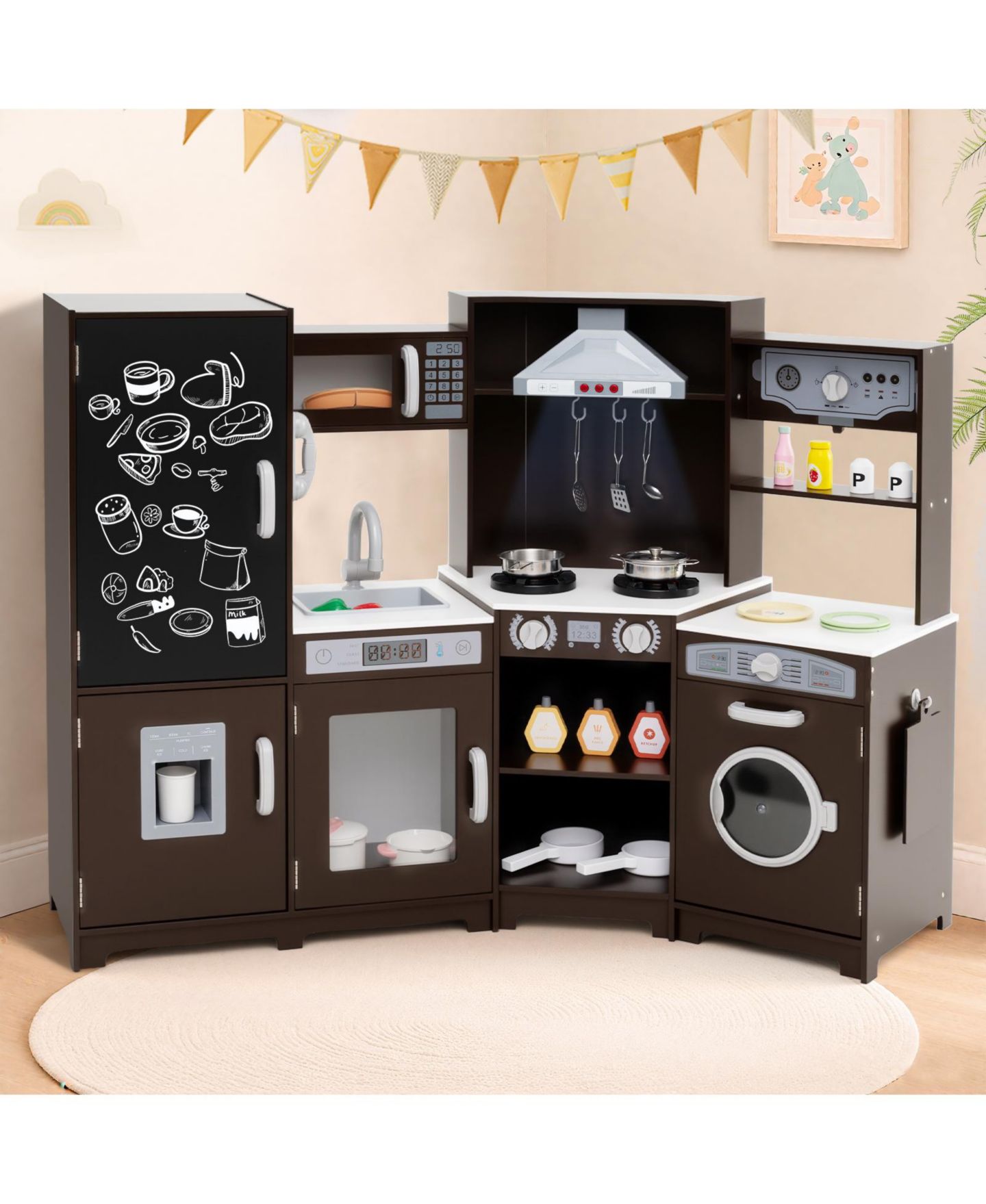 Детские игрушки SKONYON Wooden Corner Multi-Piece Play Kitchen Set with Lights and Sounds, Ages 3+, цвет: Коричневый — фото 2