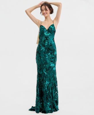 Juniors' V-Neck Strappy Sequin Mermaid Gown 
