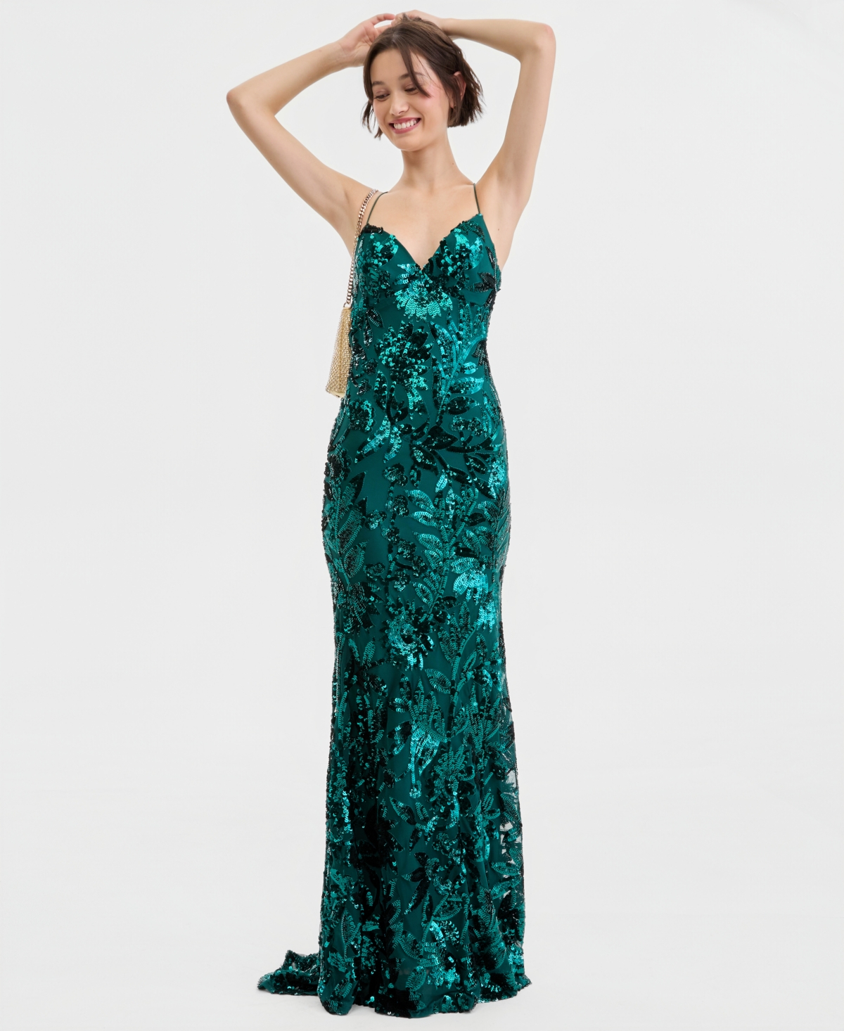 B Darlin Juniors' V-Neck Strappy Sequin Mermaid Gown