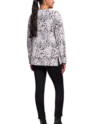 Women's Fuzzy Animal Print Long-Sleeve V-Neck Sweater