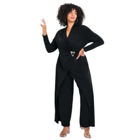 Женский комбинезон AVENUE Plus Size Glamour Wrap Front Jumpsuit, цвет: Чёрный
