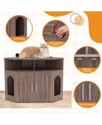 3-Tier Modern Corner Cat Litter Box Enclosure w/ Storage Shelves Double Doors