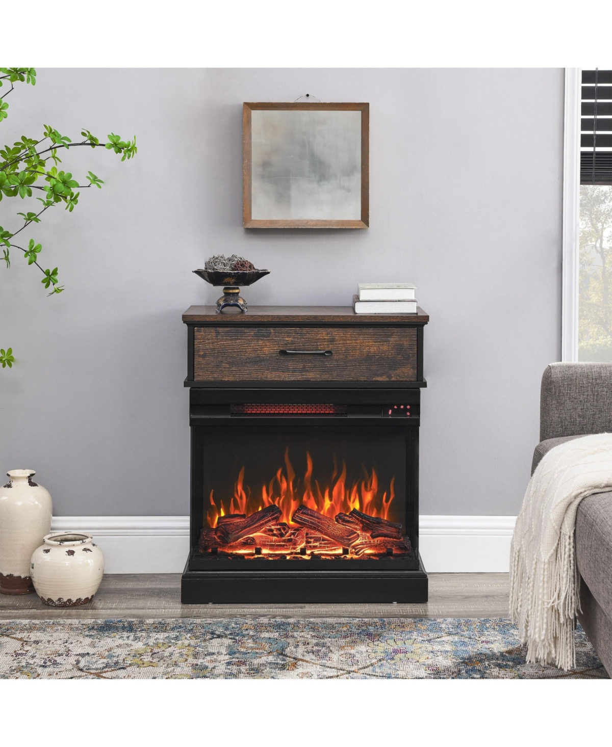 Flynama 25 inch Stand Side Table with 3-Sided glass Electric Fireplace