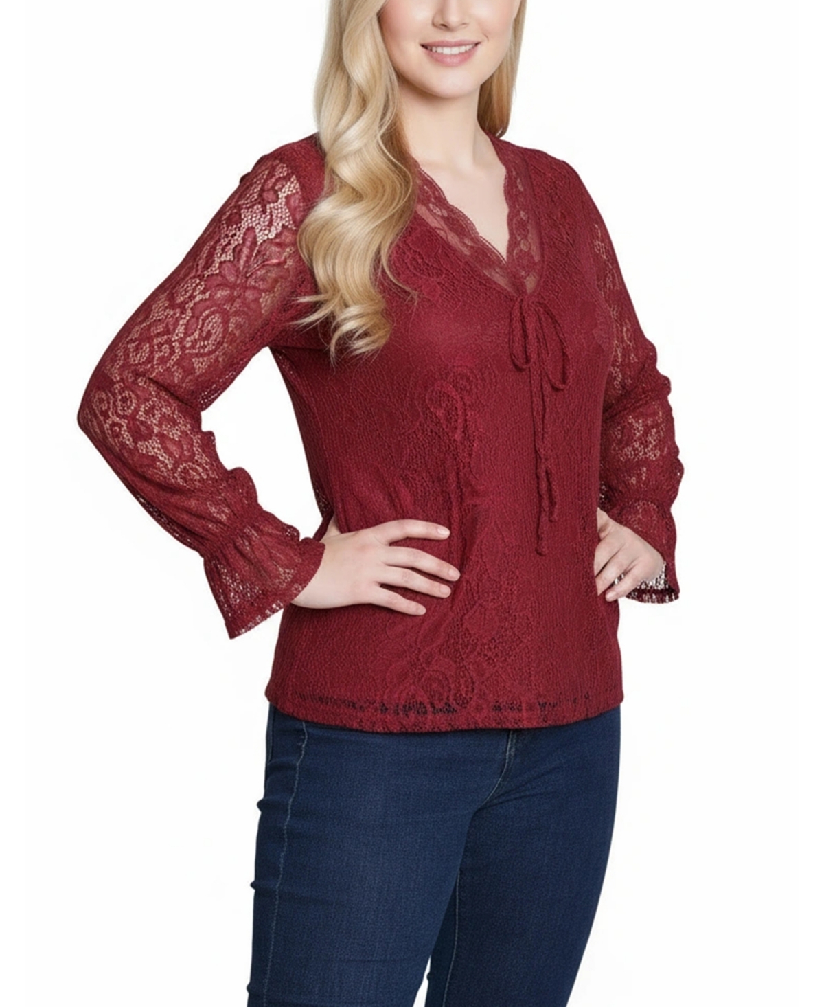Ny Collection Women's Long Bell Sleeve Lace Top In Red