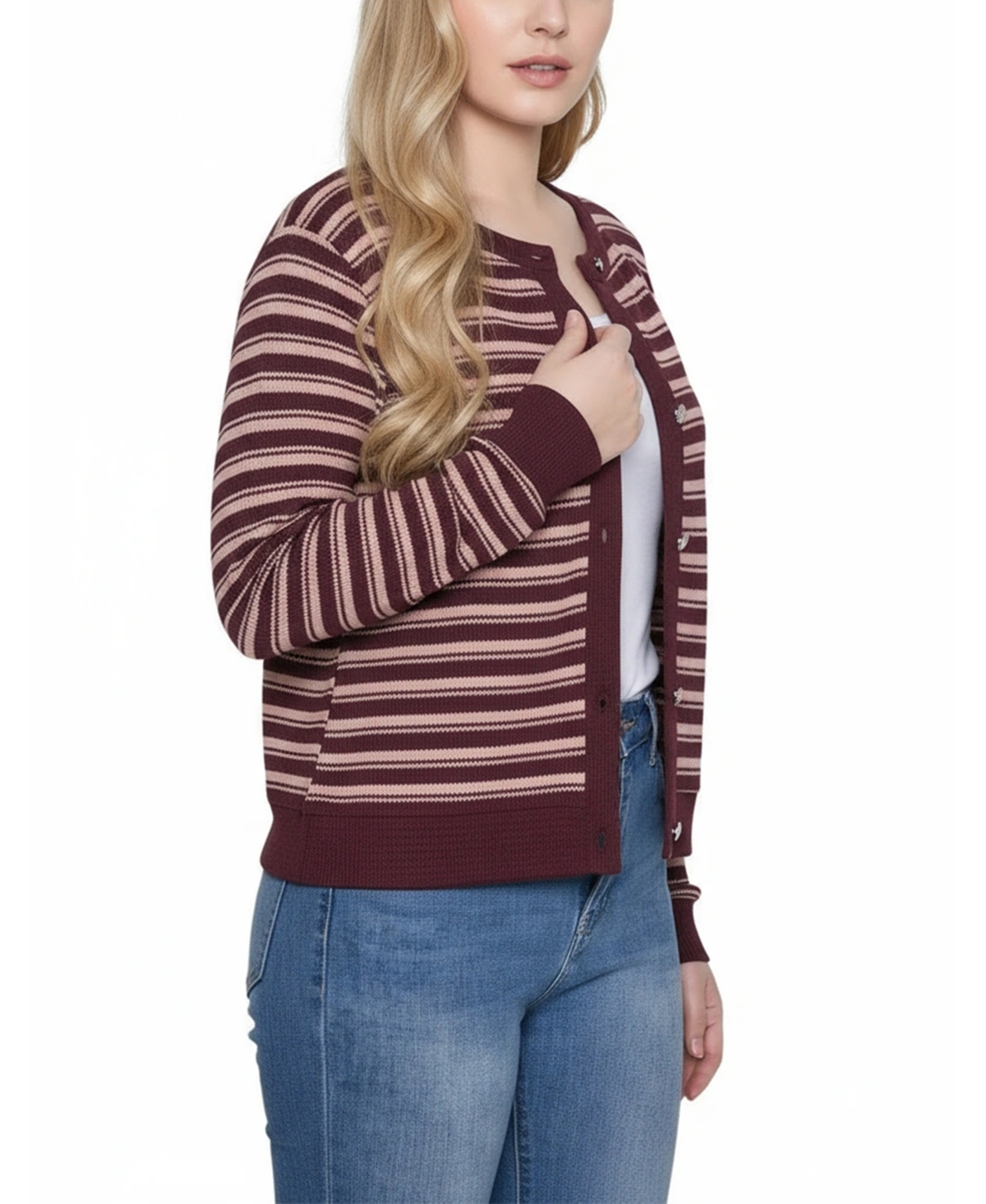 Ny Collection Women's Long Sleeve Ribbed Cardigan Sweater In Burgundy