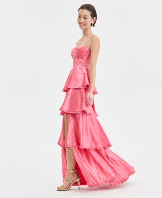 Juniors' Sweetheart-Neck Tiered Slit-Front Gown