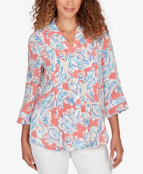 Petite Paisley Silky Gauze Button Front Top - Deep Coral Multi