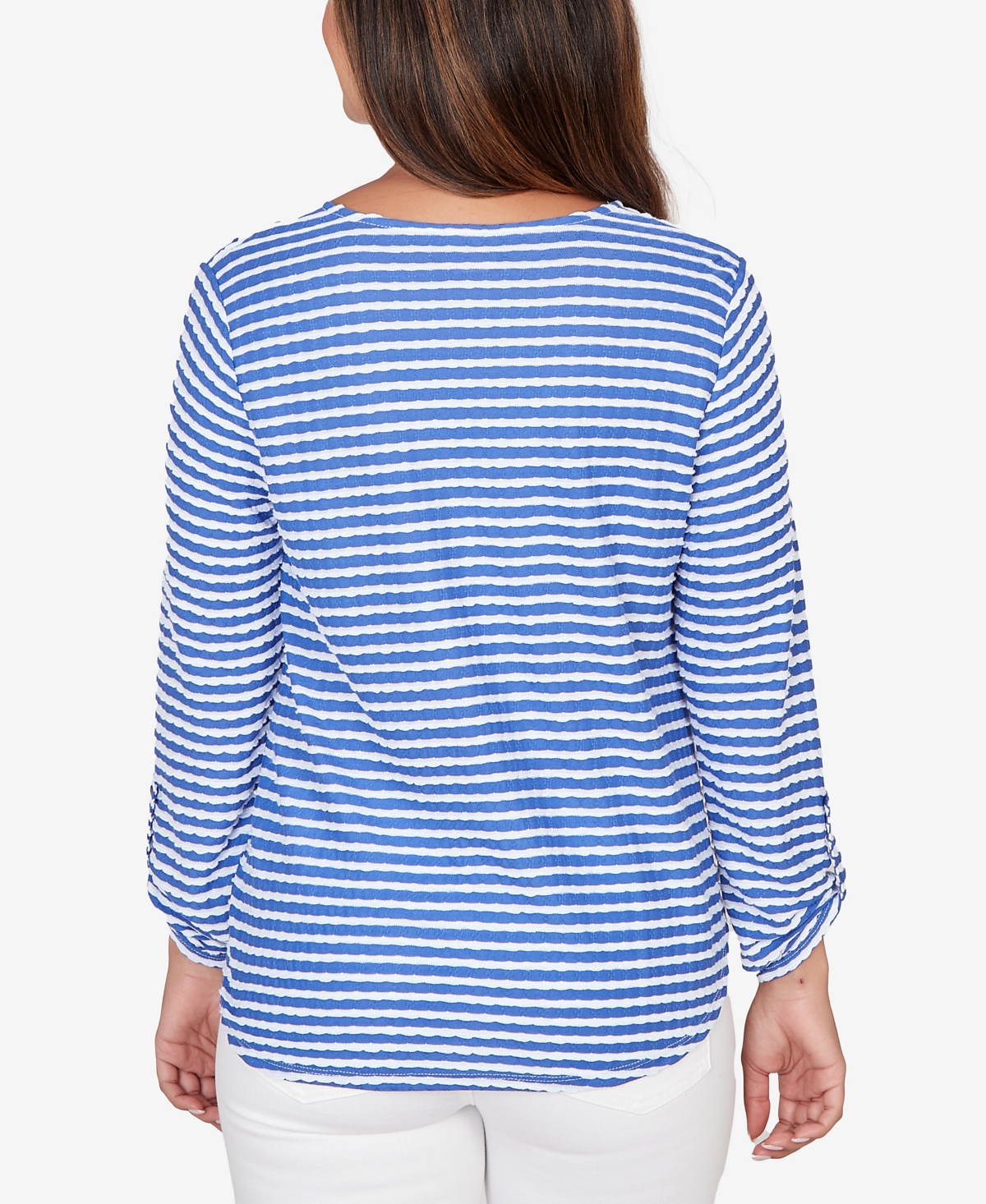 Ruby Rd. Petite Mitered Scallop Stripe Tunic Top In Black