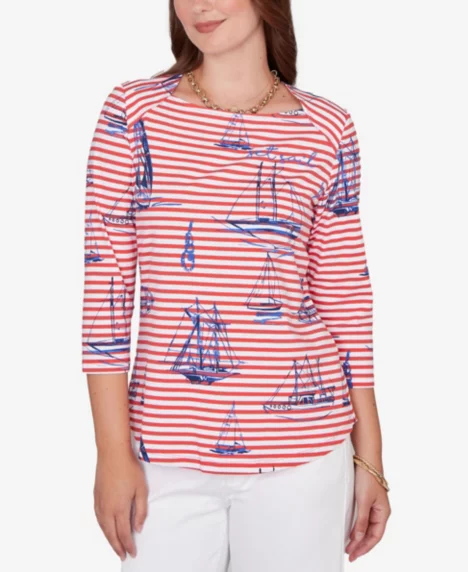 Petite Striped Sailboat Knit Top - Deep Coral Multi
