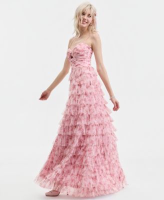 Juniors' Sweetheart-Neck Ruffle-Skirt Mesh Gown