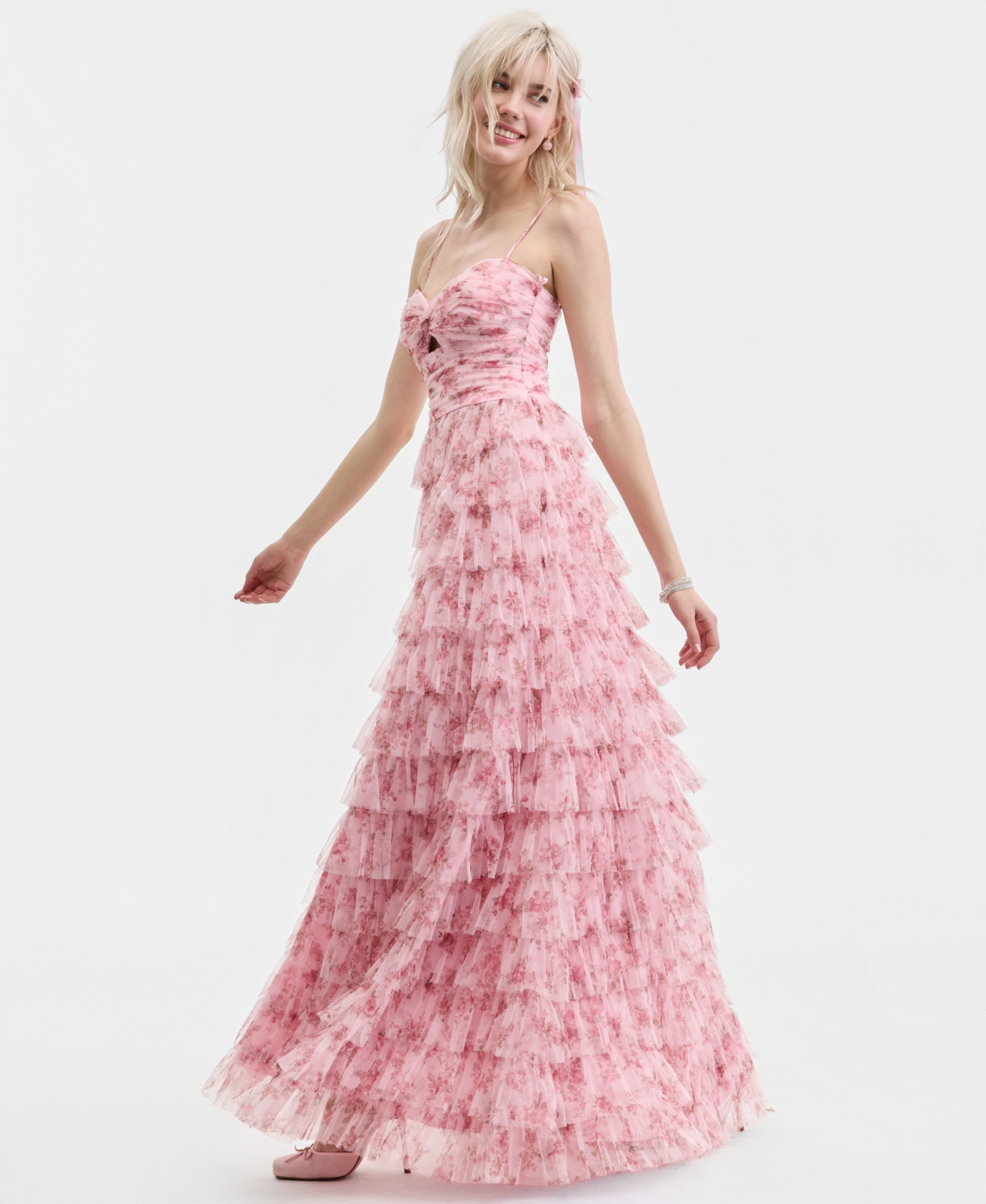 B Darlin Juniors' Sweetheart-Neck Ruffle-Skirt Mesh Gown