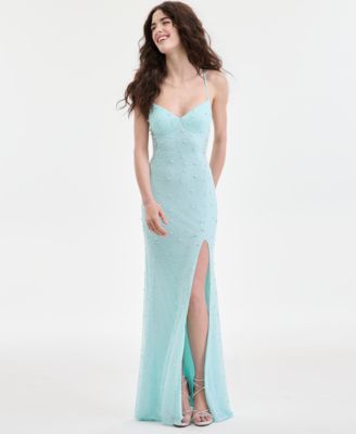Juniors' V-Neck Lace-Up-Back Beaded Gown 