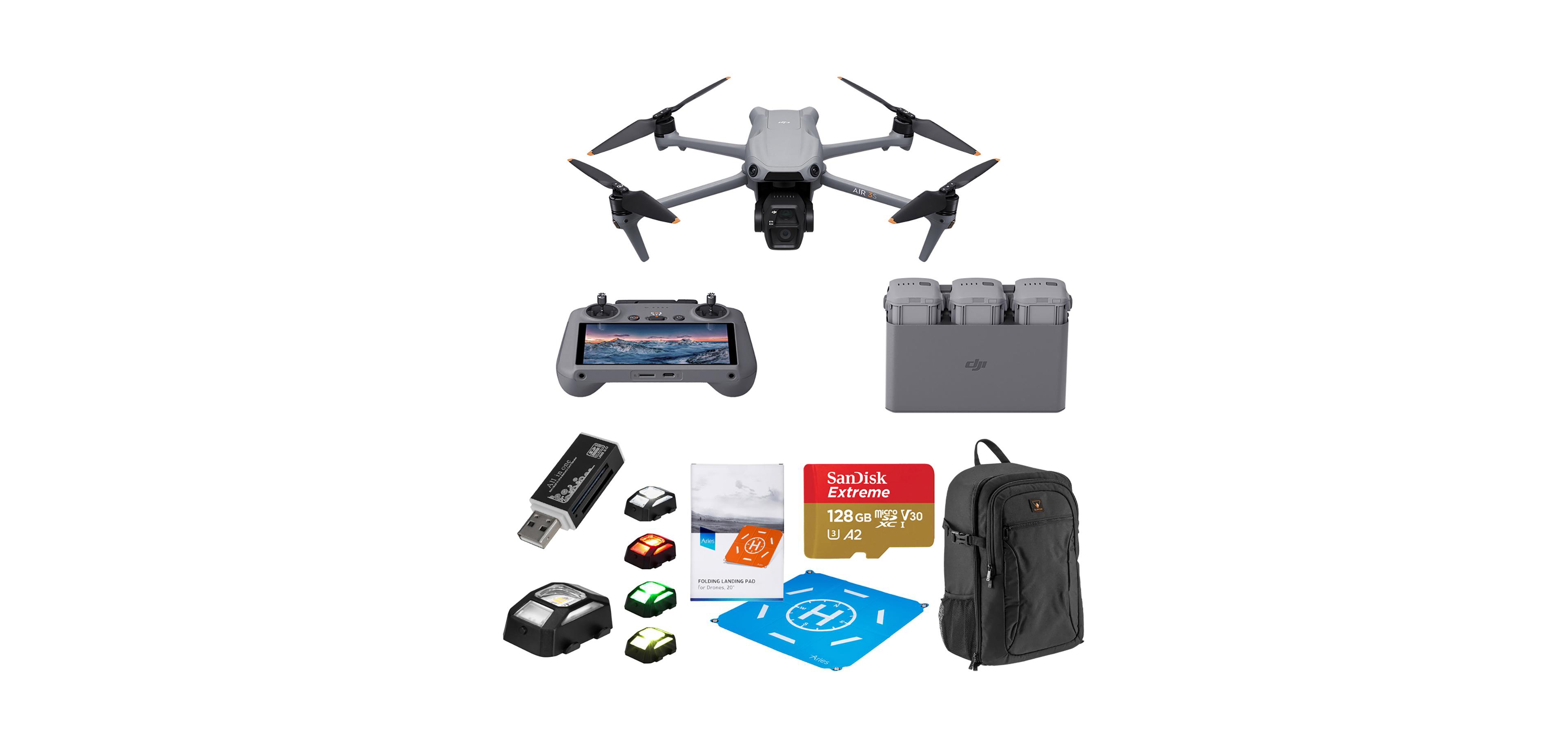 Dji Air 3S Drone Fly More Combo with Rc 2 Remote Controller, Bundle with 128GB Memory Card, Strobe Light, Multi Card Reader, Landing Pad Pro.