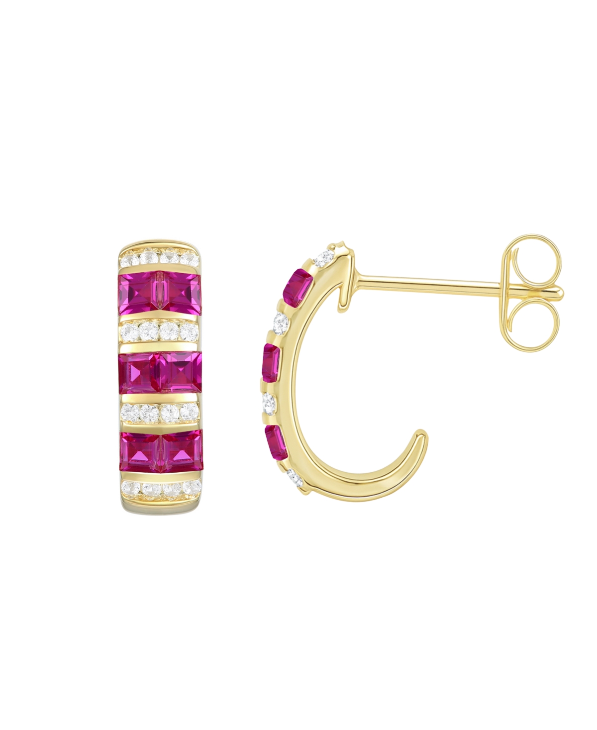 Macy's Lab-grown Ruby (5/8 Ct. T.w.) & White Sapphire (1/6 Ct. T.w.) Earring In 14k Gold Over Sterling Silv In Gold