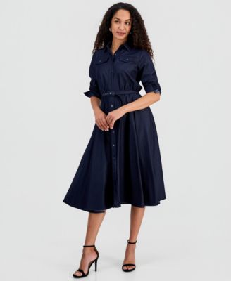 Women's Belted Button Long-Sleeve Fit & Flare Dress