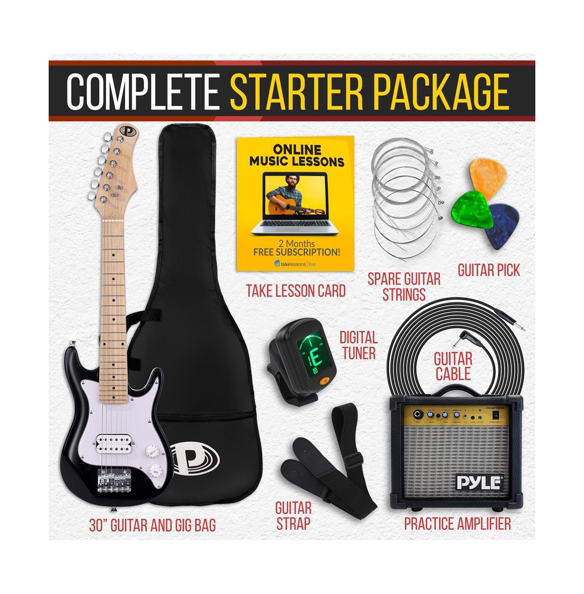 Pyle 30" Kids Electric Guitar Kit with Amplifier, Accessory Pack - Black Gloss, PEGKT30