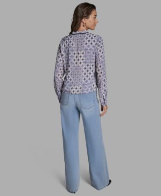 Women's Tie-Collar Long-Sleeve Printed Top