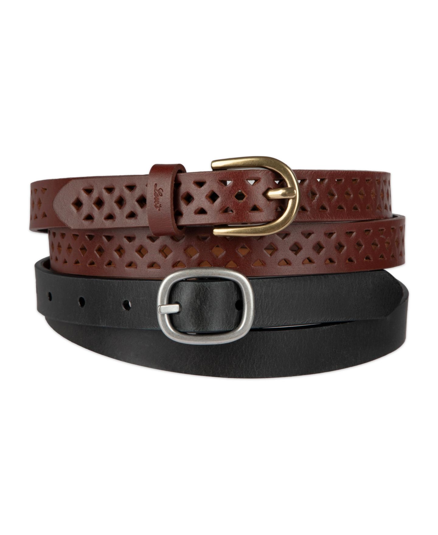 Женские ремни Levi's 2-Pack Perforated and Reversible Skinny Casual Belt Set, цвет: Чёрный / Рыжевато-коричневый коричневый — фото 1
