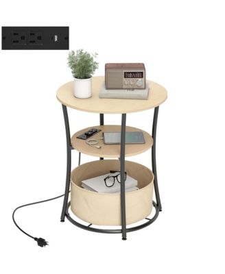 Side Table with Charging Station, 3-Tier Round End Table, Natural