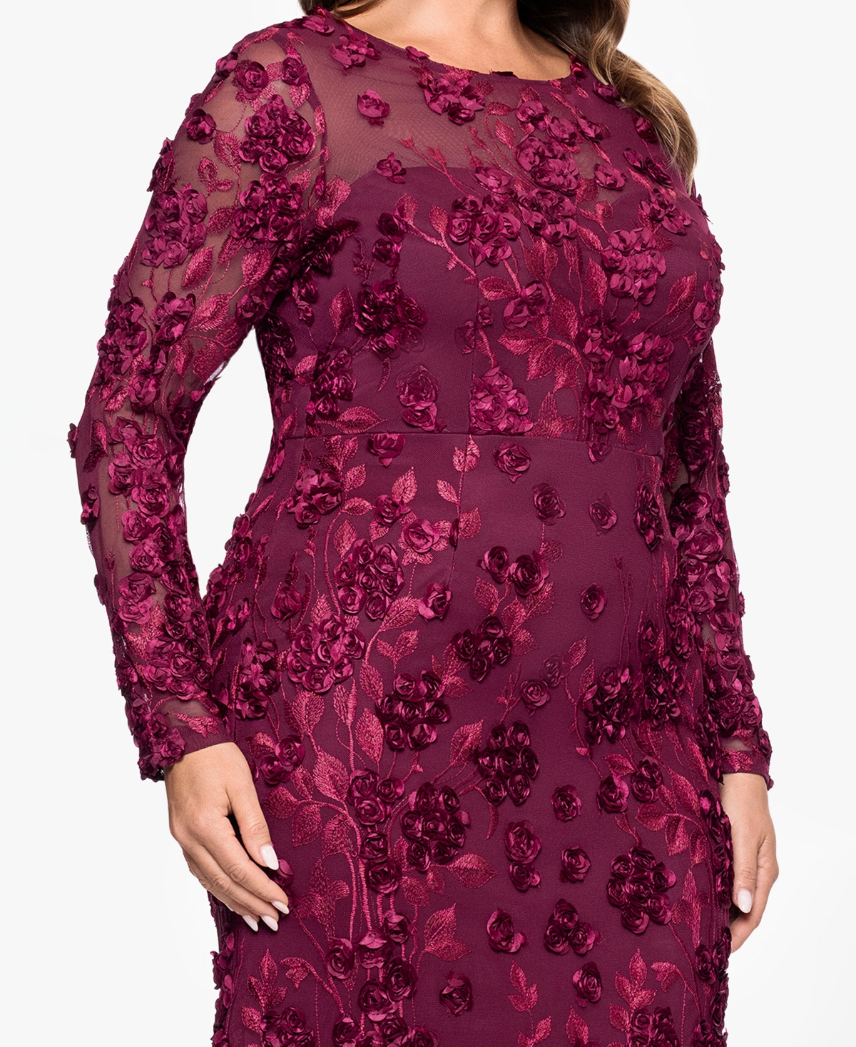 Xscape Plus Size Crewneck Long-sleeve Dress In Burgundy