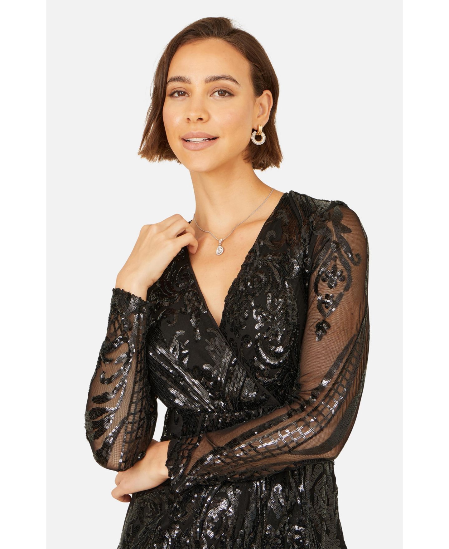 Женское платье Yumi Sequin Midi Long Sleeve Wrap, цвет: Чёрный — фото 5