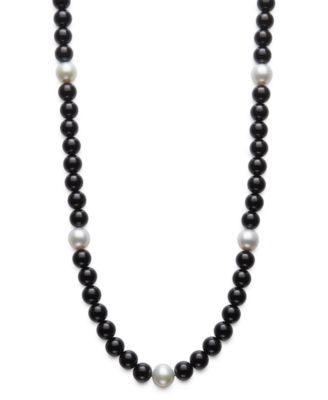 7mm Onyx and Cultured Freshwater Pearl Necklace (7.5-8.5mm) in Sterling Silver