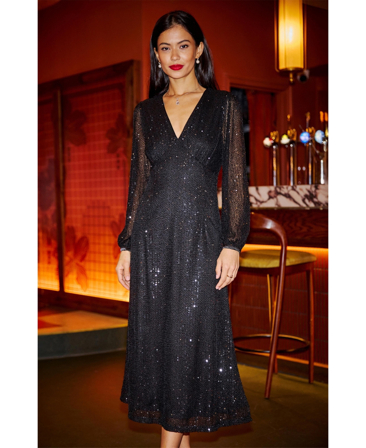 Yumi Women's Sequin Long Sleeve Midi Dress