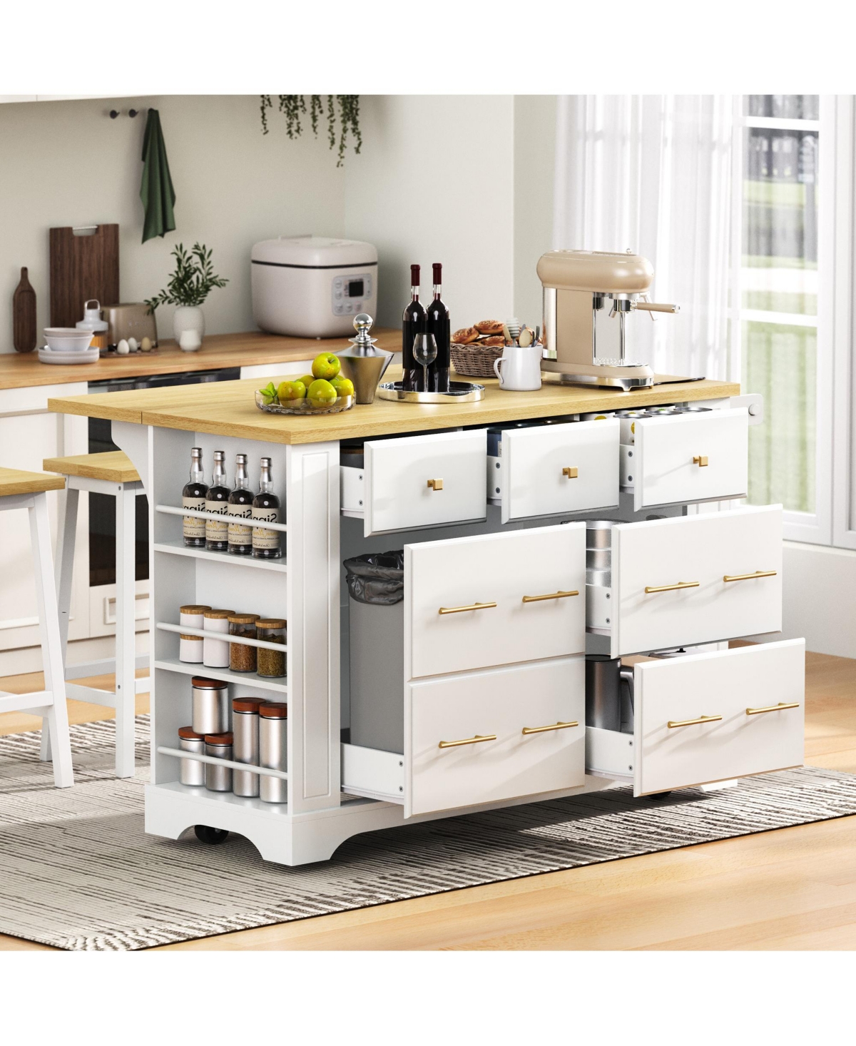 "Casainc Kitchen Island Cart w/ 6 Drawers, Trash Pull-Out, Drop Leaf, Power Outlet & Side Racks – Mobile Storage"