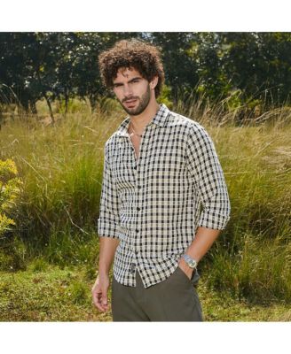 Men's Navy Blue & Cream White Glen Check Shirt