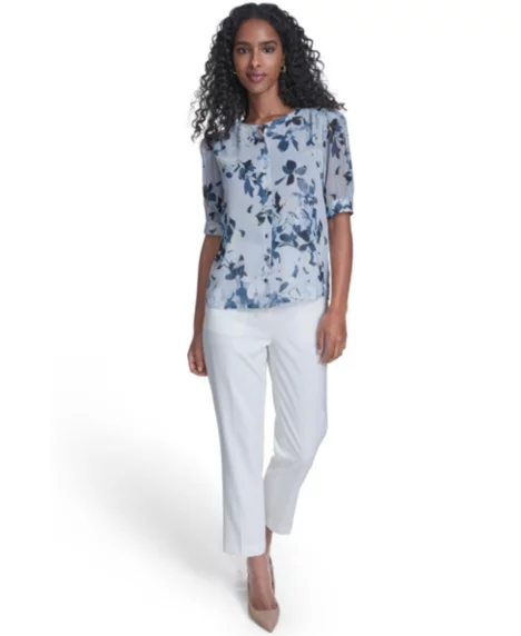 Petite Short-Sleeve Button Front Top - Mist/Double Cream