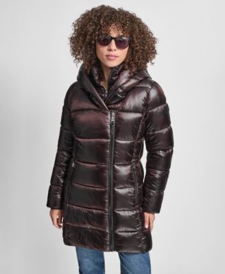 Women's Bibbed Shawl-Collar Packable Shine Puffer Coat