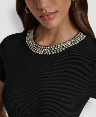 Women's Short-Sleeve Embellished Neck Short Dress