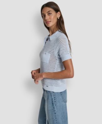 Women's Short-Sleeve Polo Collar Faux Crochet Stitch Sweater