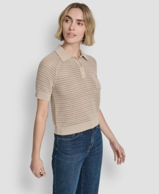 Women's Short-Sleeve Polo Collar Faux Crochet Stitch Sweater