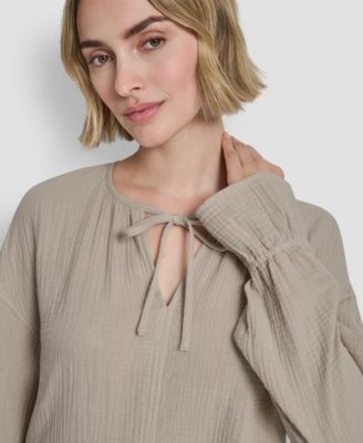 Women's Long-Sleeve Double Crepe Gauze Tie Neck Crop Top