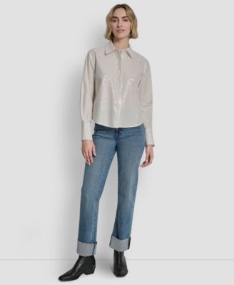 DKNY Jeans - Women's Logo Embroidery and Sequin Button-Front Shirt