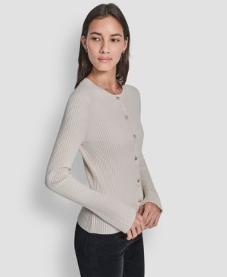 Women's Long-Sleeve Flare Ribbed Rhinestone Button Cardigan Sweater