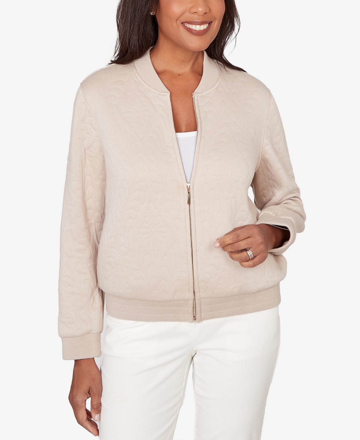 Alfred Dunner Petite Vienna Medallion Quilted Bomber Jacket In Brown