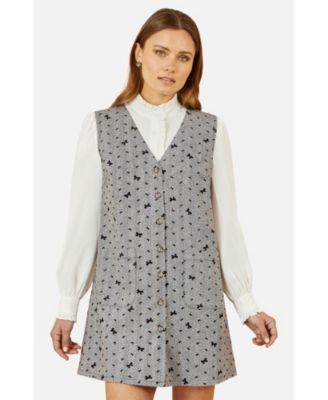Women's Bow Print Button Up Pinafore Dress