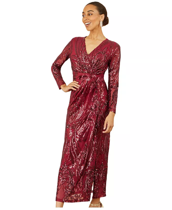 Women's Sequin Midi Long Sleeve Wrap Dress
