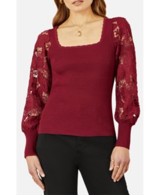 Women's Ribbed Knitted Lace Sleeve Top