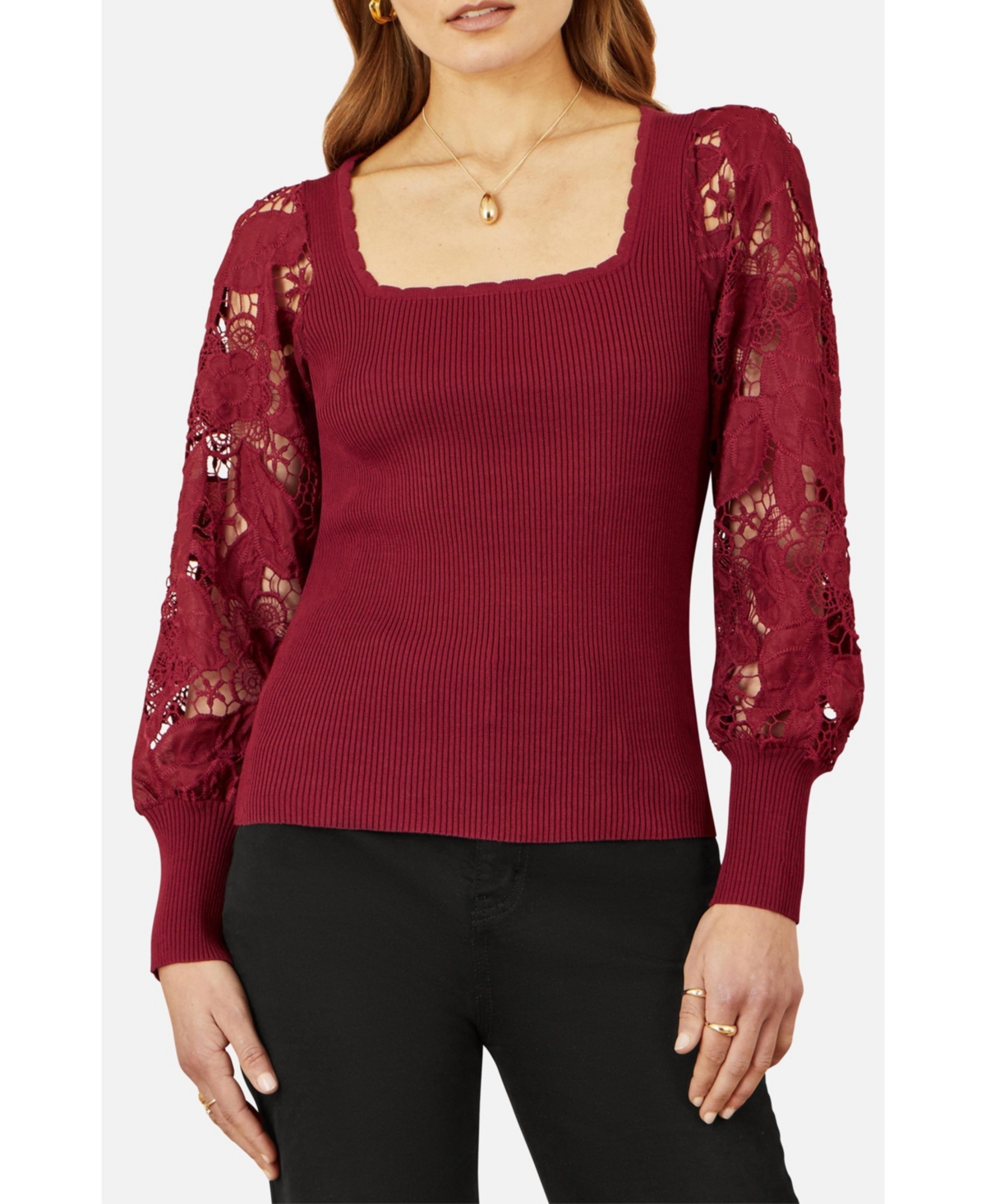 Yumi Women's Ribbed Knitted Lace Sleeve Top
