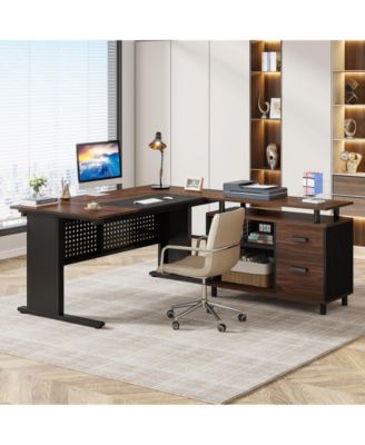 63 Inch Executive Desk with File Cabinet, Large Office Desk L Shaped Computer Desk