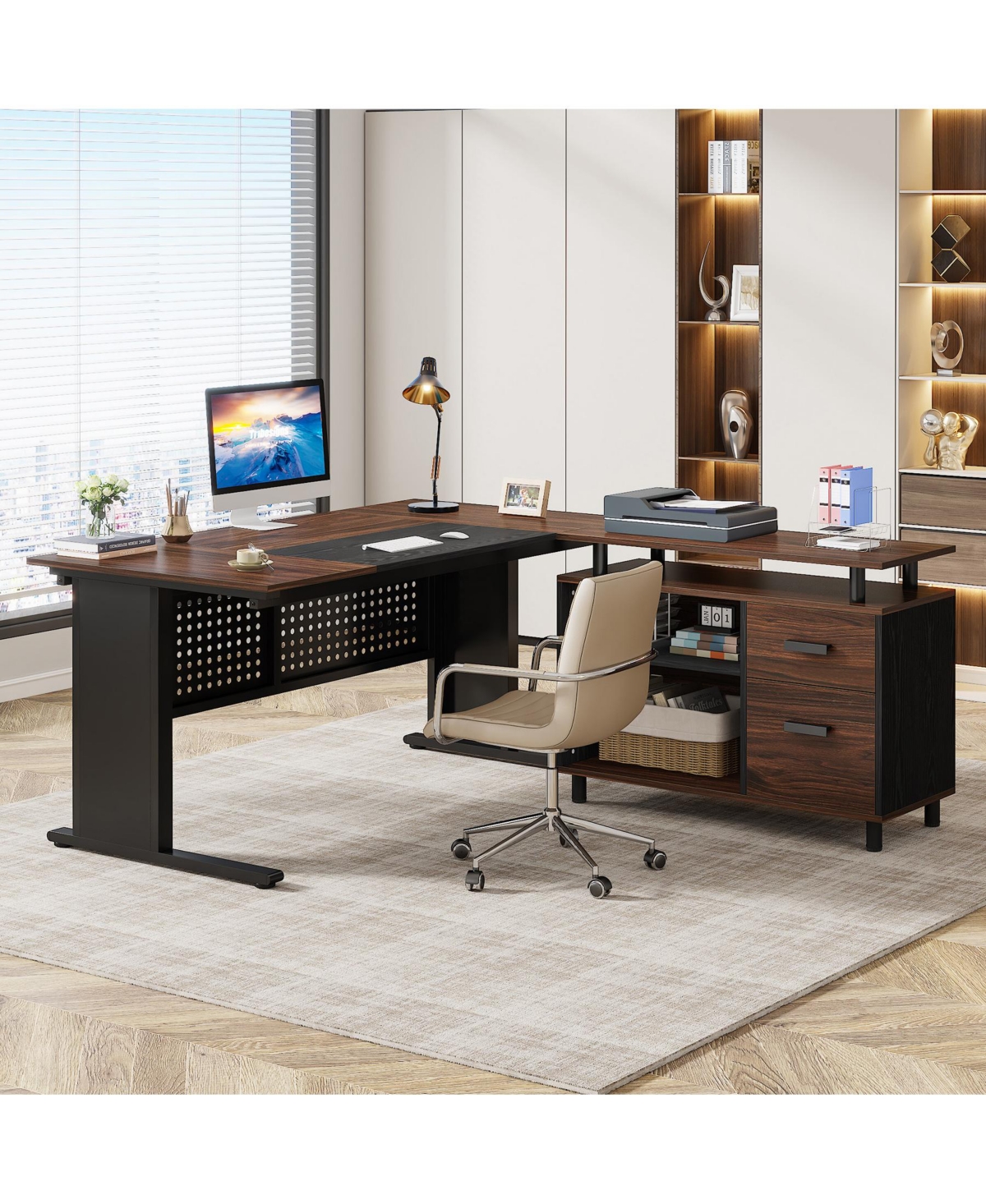 Tribesigns 63 Inch Executive Desk with File Cabinet, Large Office Desk L Shaped Computer Desk